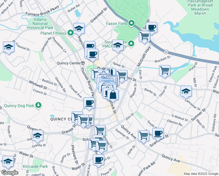 map of restaurants, bars, coffee shops, grocery stores, and more near 25 Cottage Avenue in Quincy