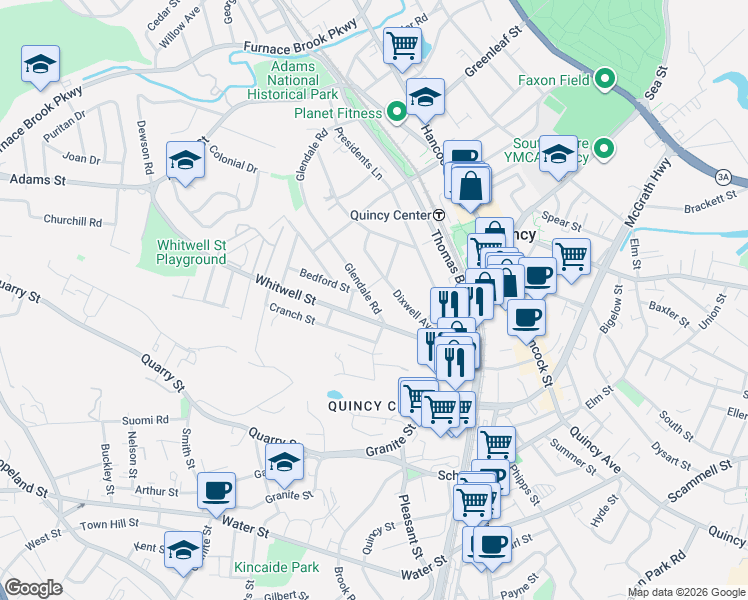 map of restaurants, bars, coffee shops, grocery stores, and more near 168 Glendale Road in Quincy