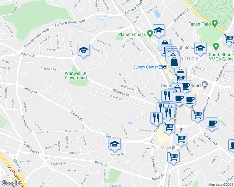 map of restaurants, bars, coffee shops, grocery stores, and more near 46 Cranch Street in Quincy