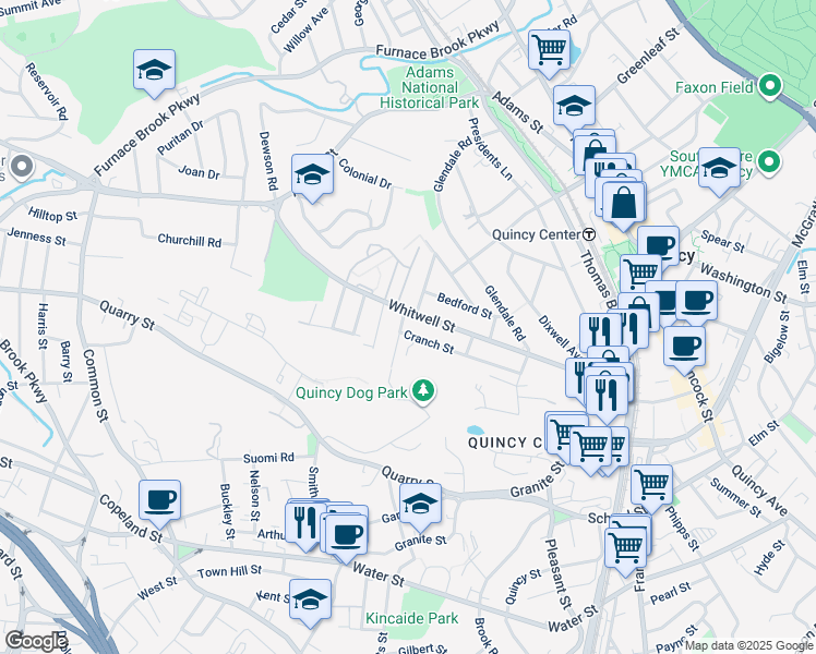 map of restaurants, bars, coffee shops, grocery stores, and more near 7 Rockview Road in Quincy