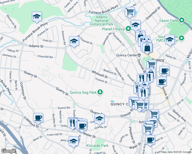 map of restaurants, bars, coffee shops, grocery stores, and more near 7 Rockview Road in Quincy