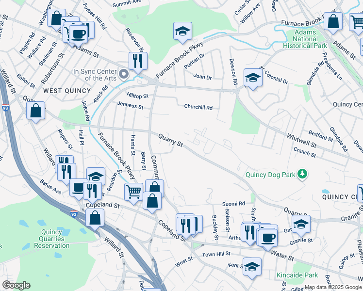 map of restaurants, bars, coffee shops, grocery stores, and more near in Quincy