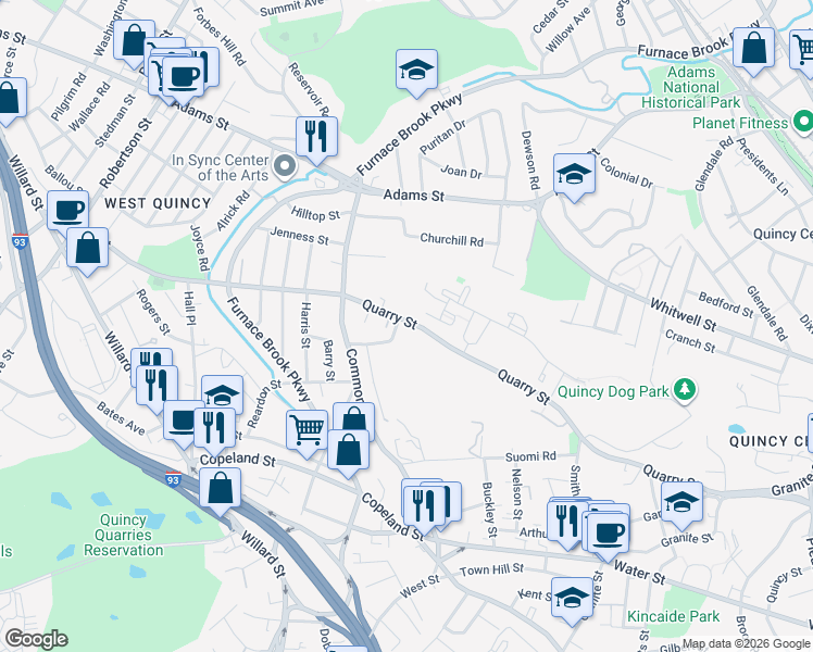 map of restaurants, bars, coffee shops, grocery stores, and more near 1 Dunns Hill Road in Quincy