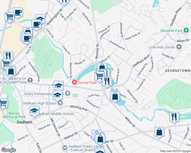 map of restaurants, bars, coffee shops, grocery stores, and more near 215 Bussey Street in Dedham
