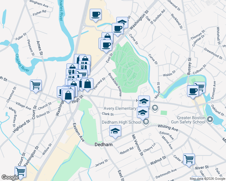 map of restaurants, bars, coffee shops, grocery stores, and more near 14 Dominic Court in Dedham