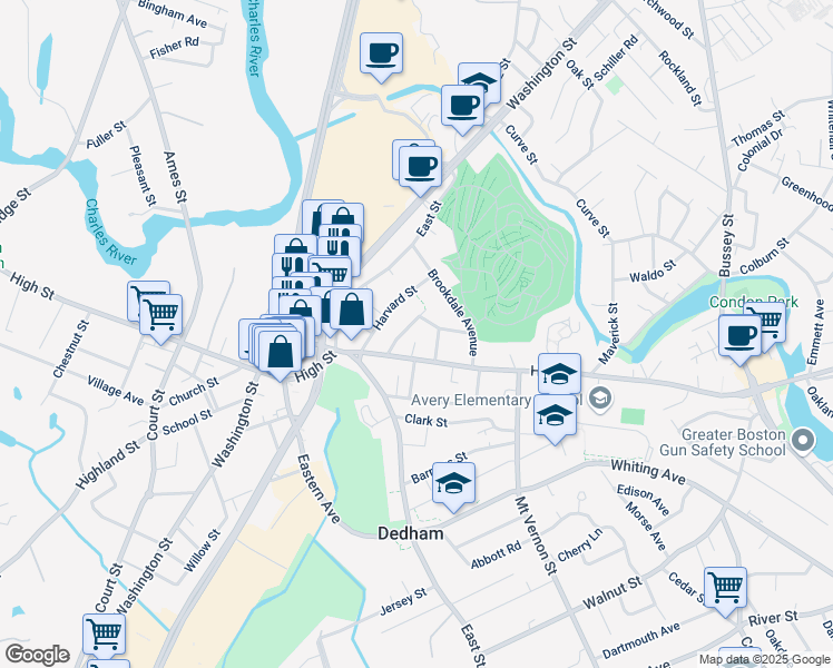 map of restaurants, bars, coffee shops, grocery stores, and more near 449 High Street in Dedham