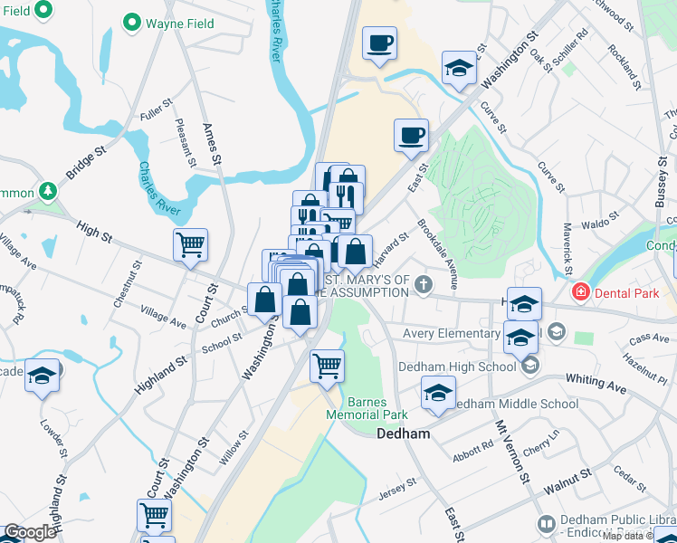 map of restaurants, bars, coffee shops, grocery stores, and more near 335 East Street in Dedham