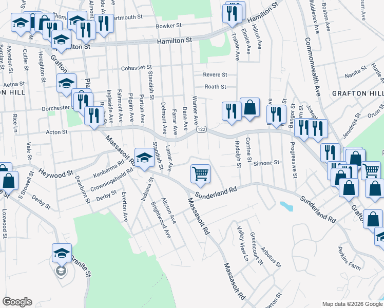 map of restaurants, bars, coffee shops, grocery stores, and more near 17 Travis Street in Worcester