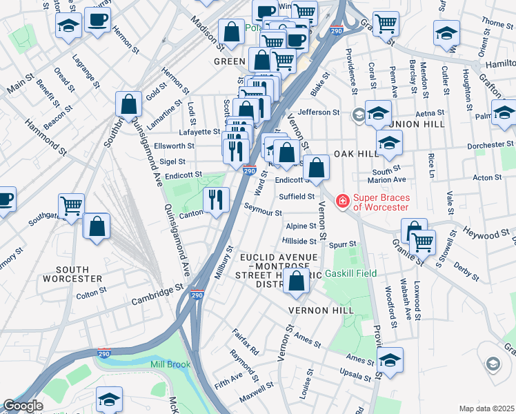 map of restaurants, bars, coffee shops, grocery stores, and more near 73 Ward Street in Worcester