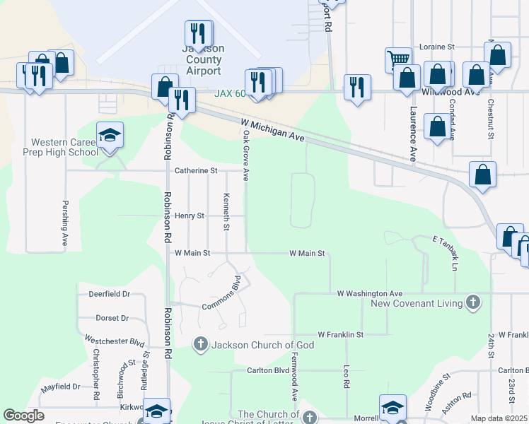 map of restaurants, bars, coffee shops, grocery stores, and more near 339 Oak Grove Avenue in Jackson