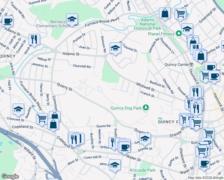 map of restaurants, bars, coffee shops, grocery stores, and more near 56 Curtis Street in Quincy