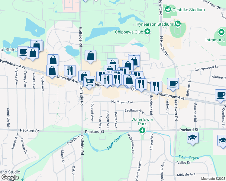 map of restaurants, bars, coffee shops, grocery stores, and more near 2867 Washtenaw Avenue in Ypsilanti