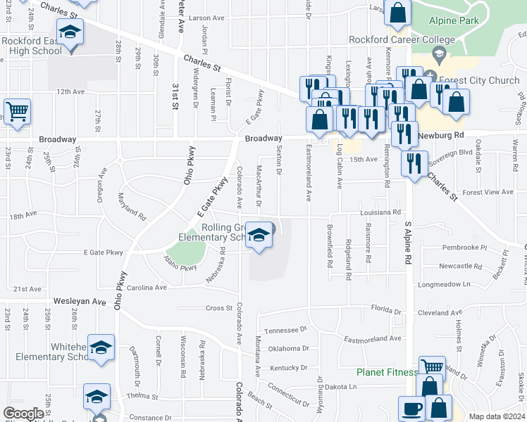 map of restaurants, bars, coffee shops, grocery stores, and more near 1736 Macarthur Drive in Rockford