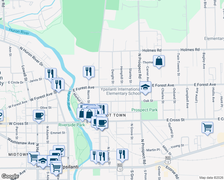 map of restaurants, bars, coffee shops, grocery stores, and more near 206 East Forest Avenue in Ypsilanti