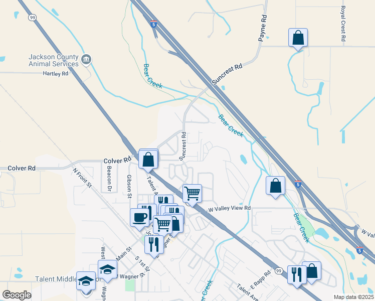 map of restaurants, bars, coffee shops, grocery stores, and more near 240 Suncrest Road in Talent