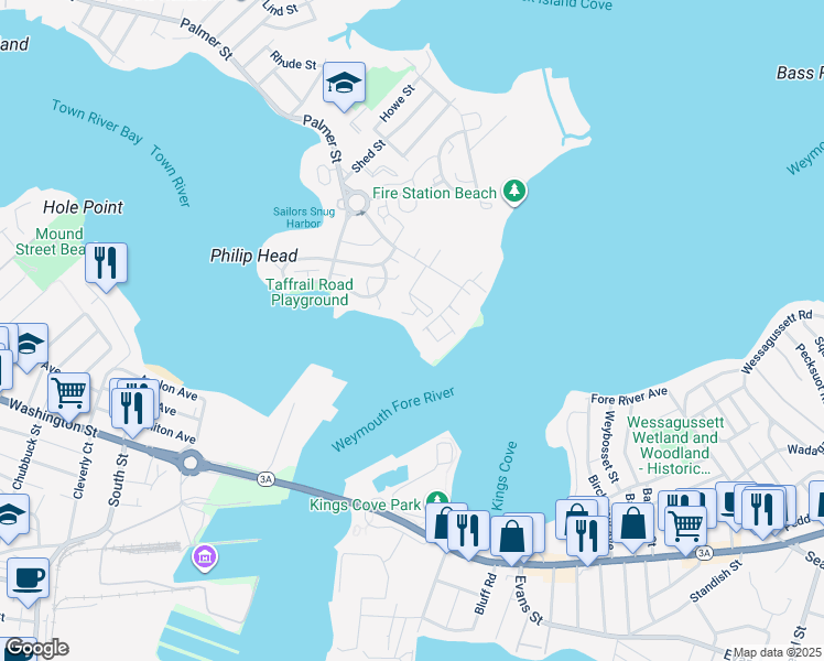 map of restaurants, bars, coffee shops, grocery stores, and more near 53 Saint Germain Street in Quincy