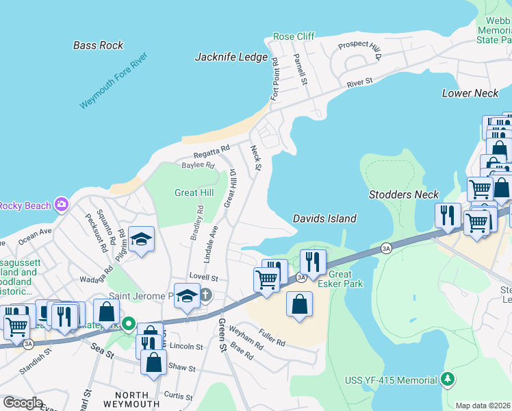 map of restaurants, bars, coffee shops, grocery stores, and more near 345 Neck Street in Weymouth