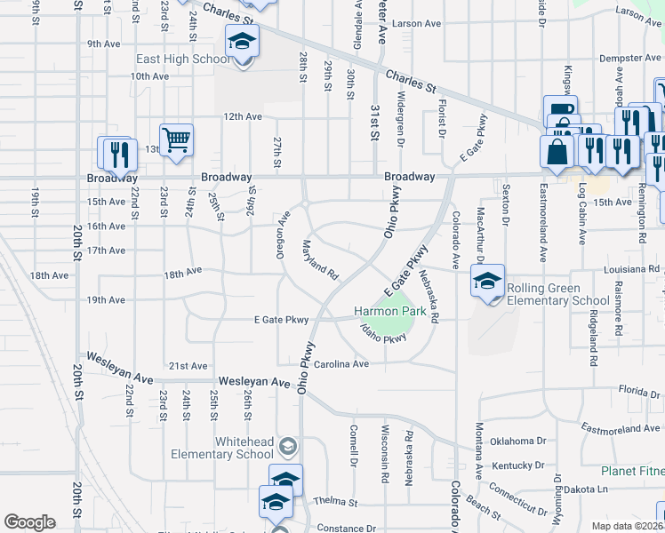 map of restaurants, bars, coffee shops, grocery stores, and more near 3215 Maryland Road in Rockford