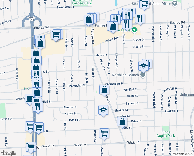 map of restaurants, bars, coffee shops, grocery stores, and more near 8126 Pardee Road in Taylor