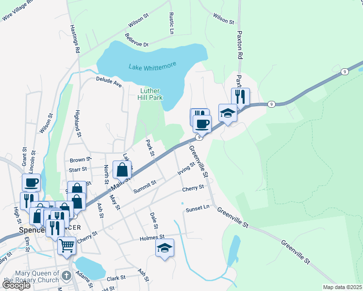 map of restaurants, bars, coffee shops, grocery stores, and more near 280 Main St in Spencer