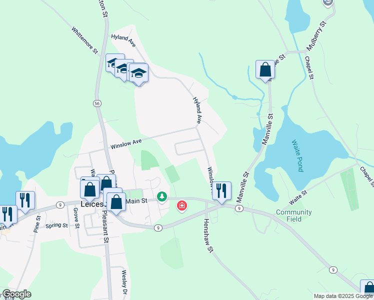 map of restaurants, bars, coffee shops, grocery stores, and more near 11 Deer Pond Drive in Leicester