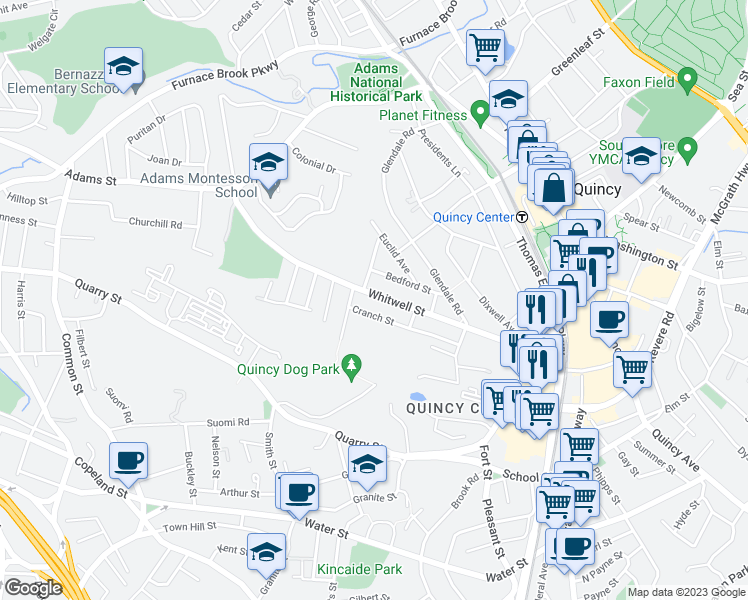 map of restaurants, bars, coffee shops, grocery stores, and more near 175 Whitwell Street in Quincy