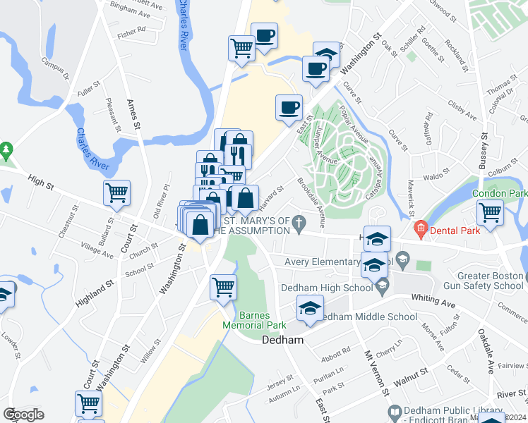 map of restaurants, bars, coffee shops, grocery stores, and more near 96 Harvard Street in Dedham