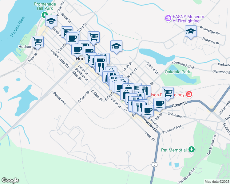 map of restaurants, bars, coffee shops, grocery stores, and more near 501 Warren Street in Hudson