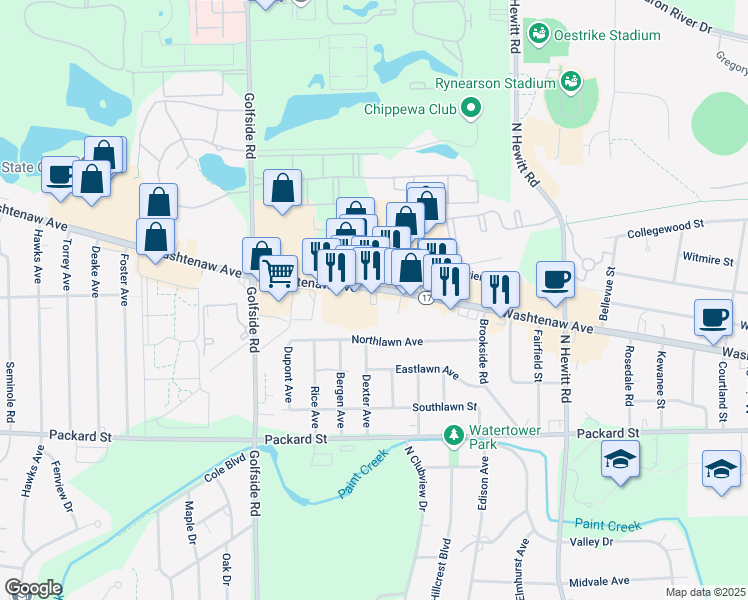 map of restaurants, bars, coffee shops, grocery stores, and more near 2867 Washtenaw Avenue in Ypsilanti