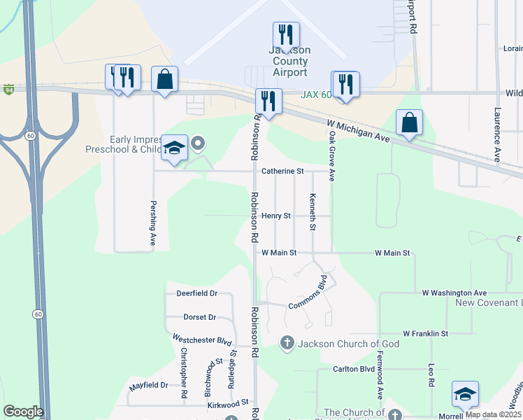 map of restaurants, bars, coffee shops, grocery stores, and more near 307 Robinson Road in Jackson