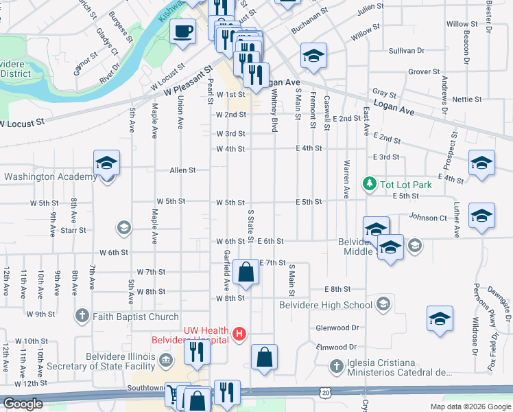 map of restaurants, bars, coffee shops, grocery stores, and more near 1104 South State Street in Belvidere