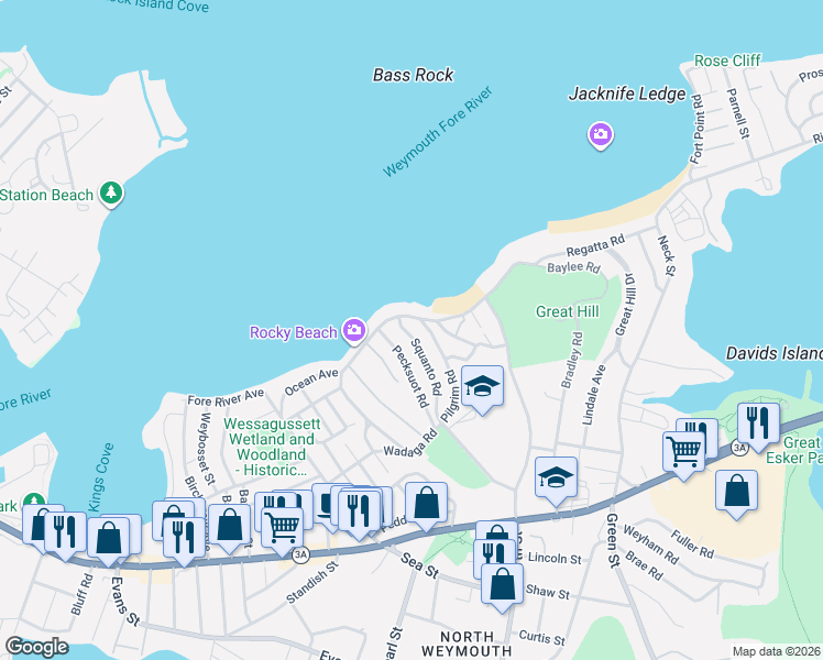 map of restaurants, bars, coffee shops, grocery stores, and more near 22 Pecksuot Road in Weymouth