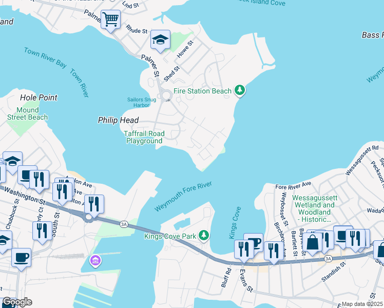 map of restaurants, bars, coffee shops, grocery stores, and more near 53 Saint Germain Street in Quincy