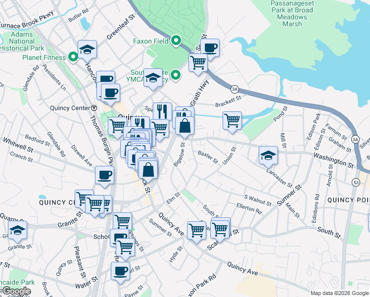 map of restaurants, bars, coffee shops, grocery stores, and more near 35 Bigelow Street in Quincy