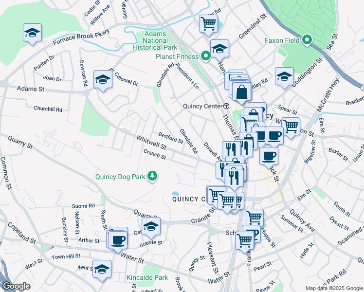 map of restaurants, bars, coffee shops, grocery stores, and more near 220 Whitwell Street in Quincy