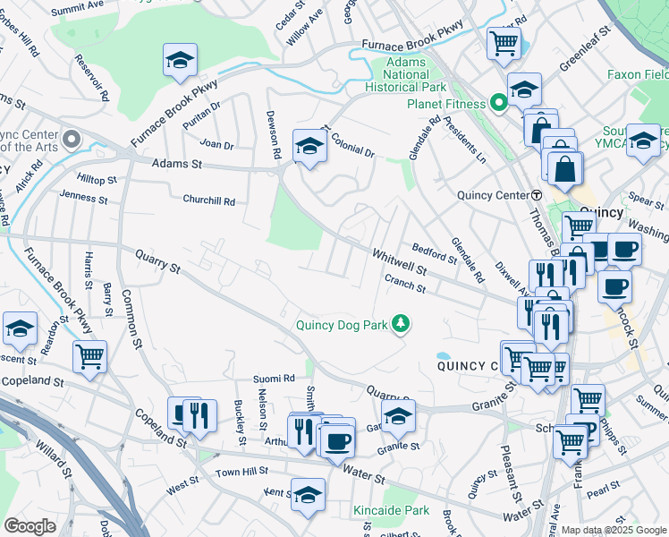 map of restaurants, bars, coffee shops, grocery stores, and more near 6 Curtis Street in Quincy