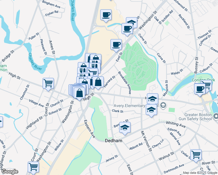 map of restaurants, bars, coffee shops, grocery stores, and more near 104 Harvard Street in Dedham