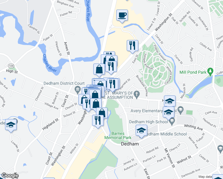 map of restaurants, bars, coffee shops, grocery stores, and more near 335 East Street in Dedham