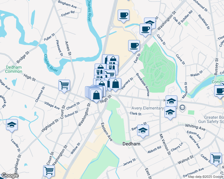 map of restaurants, bars, coffee shops, grocery stores, and more near 335 East Street in Dedham