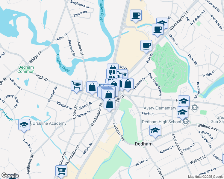 map of restaurants, bars, coffee shops, grocery stores, and more near 22 Harris Street in Dedham