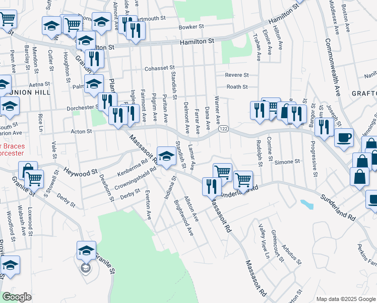 map of restaurants, bars, coffee shops, grocery stores, and more near 12 Lamar Avenue in Worcester