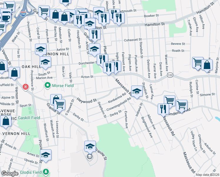 map of restaurants, bars, coffee shops, grocery stores, and more near 144 Heywood Street in Worcester