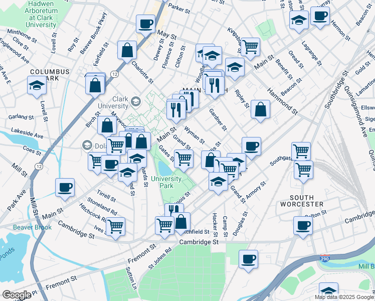 map of restaurants, bars, coffee shops, grocery stores, and more near 4 Albert Street in Worcester