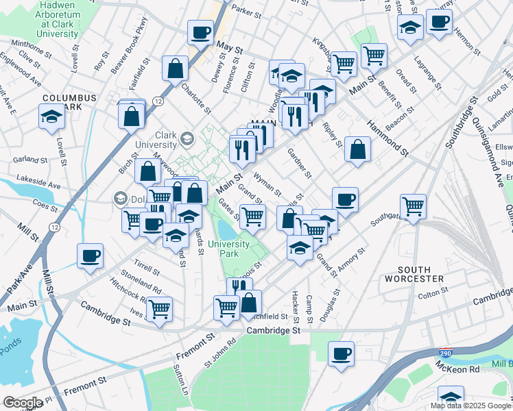 map of restaurants, bars, coffee shops, grocery stores, and more near 4 Albert Street in Worcester