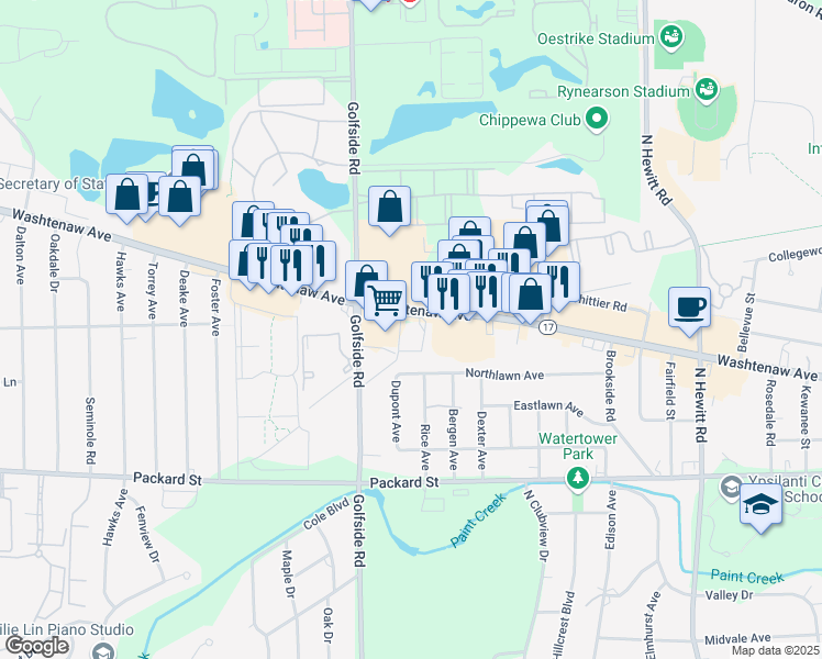 map of restaurants, bars, coffee shops, grocery stores, and more near 2985 Washtenaw Avenue in Ypsilanti