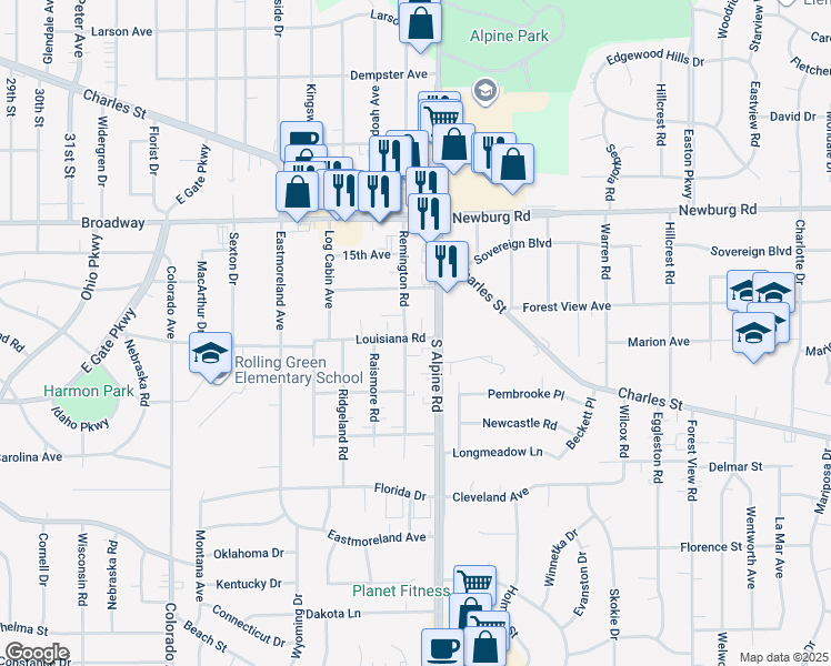 map of restaurants, bars, coffee shops, grocery stores, and more near 1805 South Alpine Road in Rockford