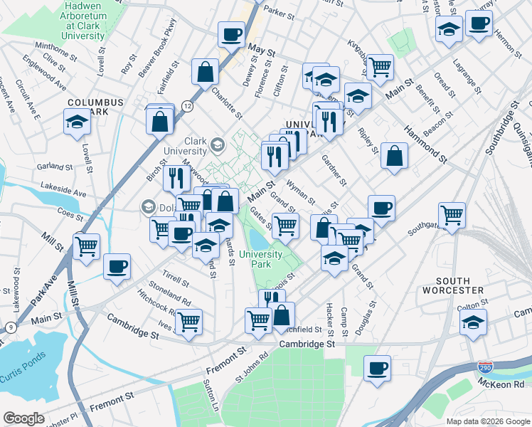 map of restaurants, bars, coffee shops, grocery stores, and more near 27 Gates Street in Worcester