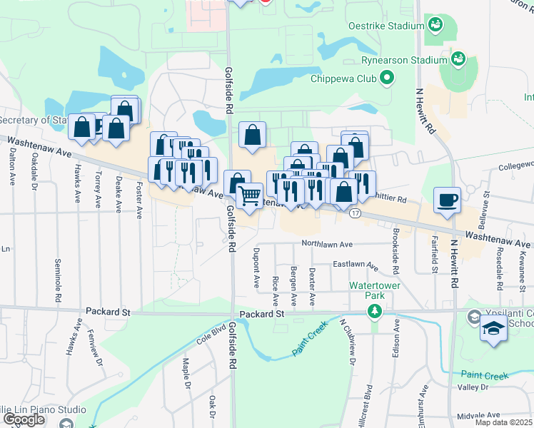 map of restaurants, bars, coffee shops, grocery stores, and more near 3075 Washtenaw Avenue in Ypsilanti