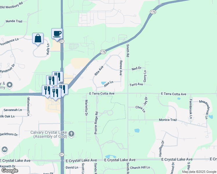 map of restaurants, bars, coffee shops, grocery stores, and more near 4211 Alex Lane in Crystal Lake