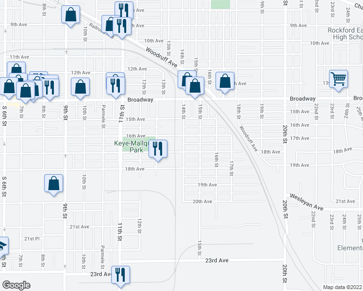 map of restaurants, bars, coffee shops, grocery stores, and more near 1719 14th Street in Rockford